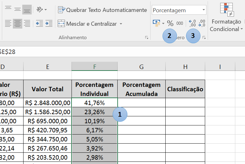 Curva ABC no Excel - Formatação Porcentagem Individual